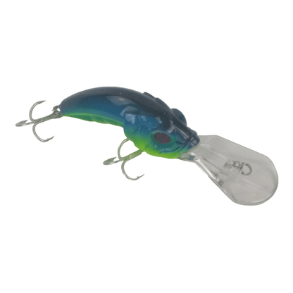 Deep diving lure, lime green and blue body, clear lip, two treble hooks.