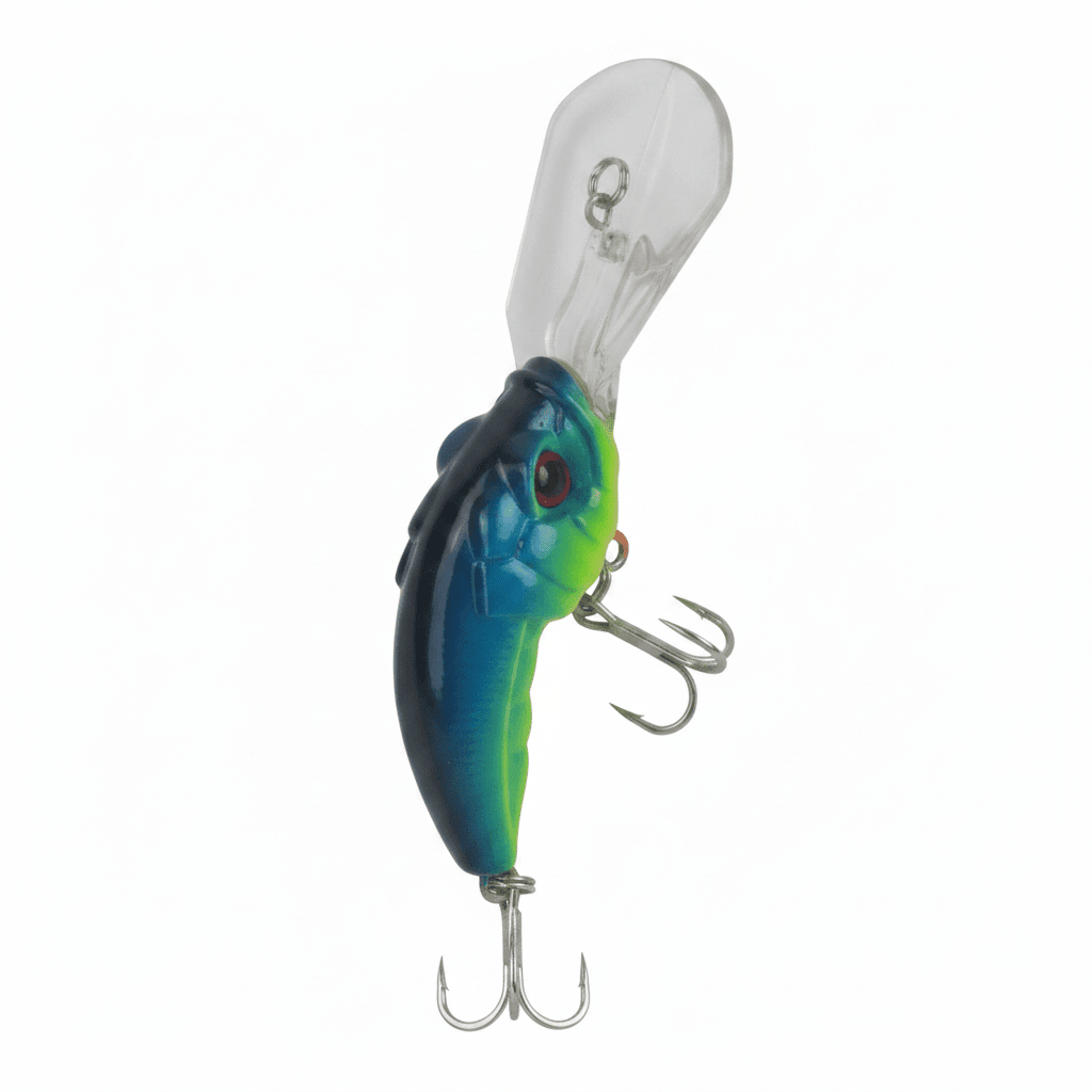 Deep diving lure with blue and green body, clear diving lip, front treble hooks.