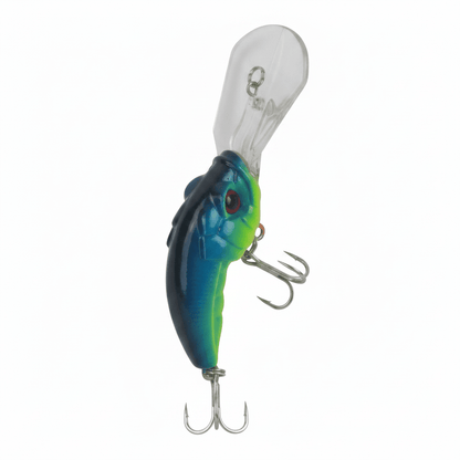 Deep diving lure with blue and green body, clear diving lip, front treble hooks.