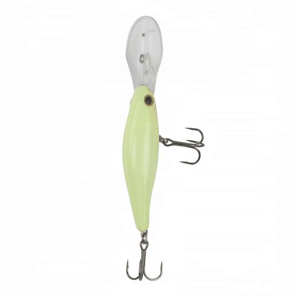 Fishing minnow lure with lime green body, silver top, and two treble hooks