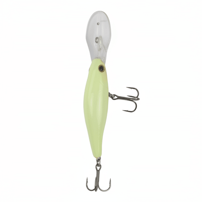 Fishing minnow lure with lime green body, silver top, and two treble hooks