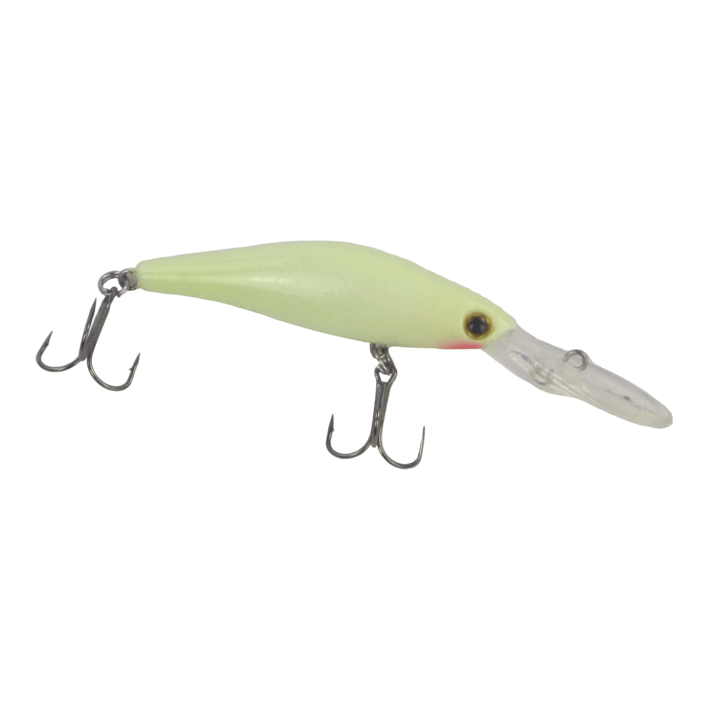 Fishing minnow lure with light lime green body, white belly, and two treble hooks