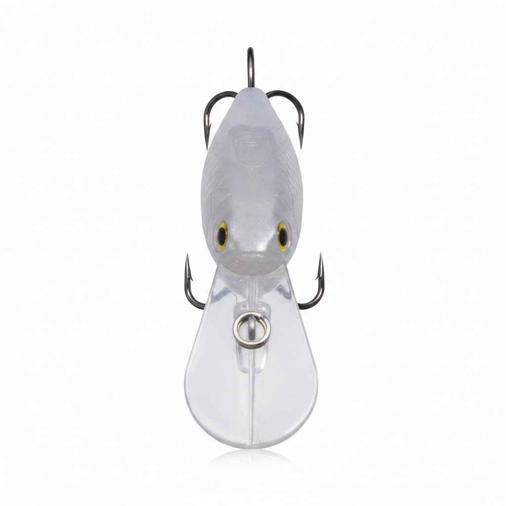 Clear hard body crankbait front view with two treble hooks, split ring, yellow eyes