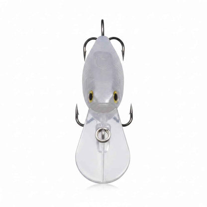 Clear hard body crankbait front view with two treble hooks, split ring, yellow eyes