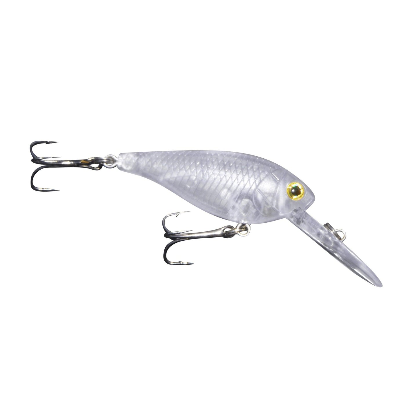 Clear translucent hard body crankbait with two treble hooks and yellow eyes
