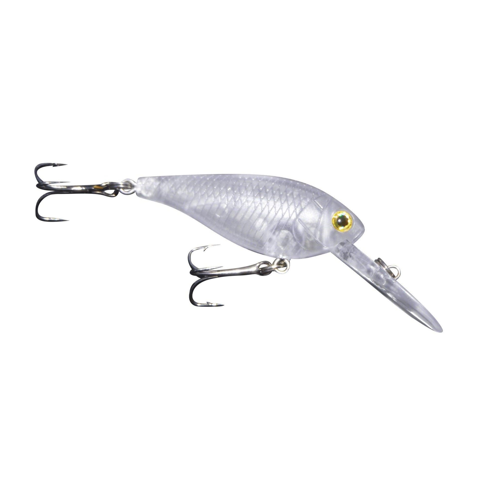 Clear translucent hard body crankbait with two treble hooks and yellow eyes
