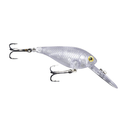 Clear translucent hard body crankbait with two treble hooks and yellow eyes