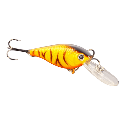 Yellow tiger stripe crankbait with clear diving lip and treble hooks