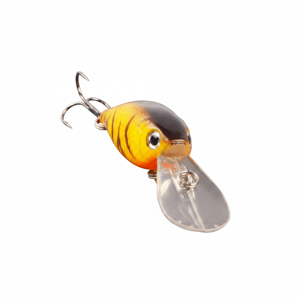 Yellow tiger stripe hard crankbait with dark back, clear lip, and treble hook