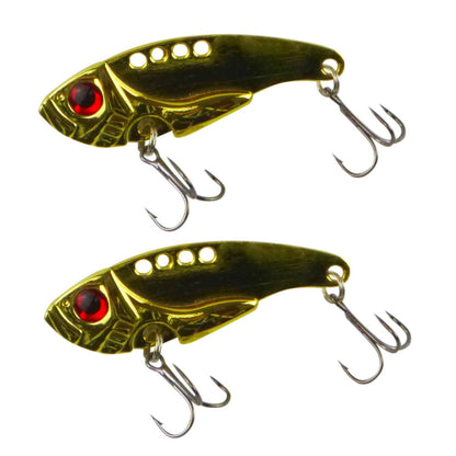 Gold flash metal blade fishing lure, two-pack with treble hooks and red eye