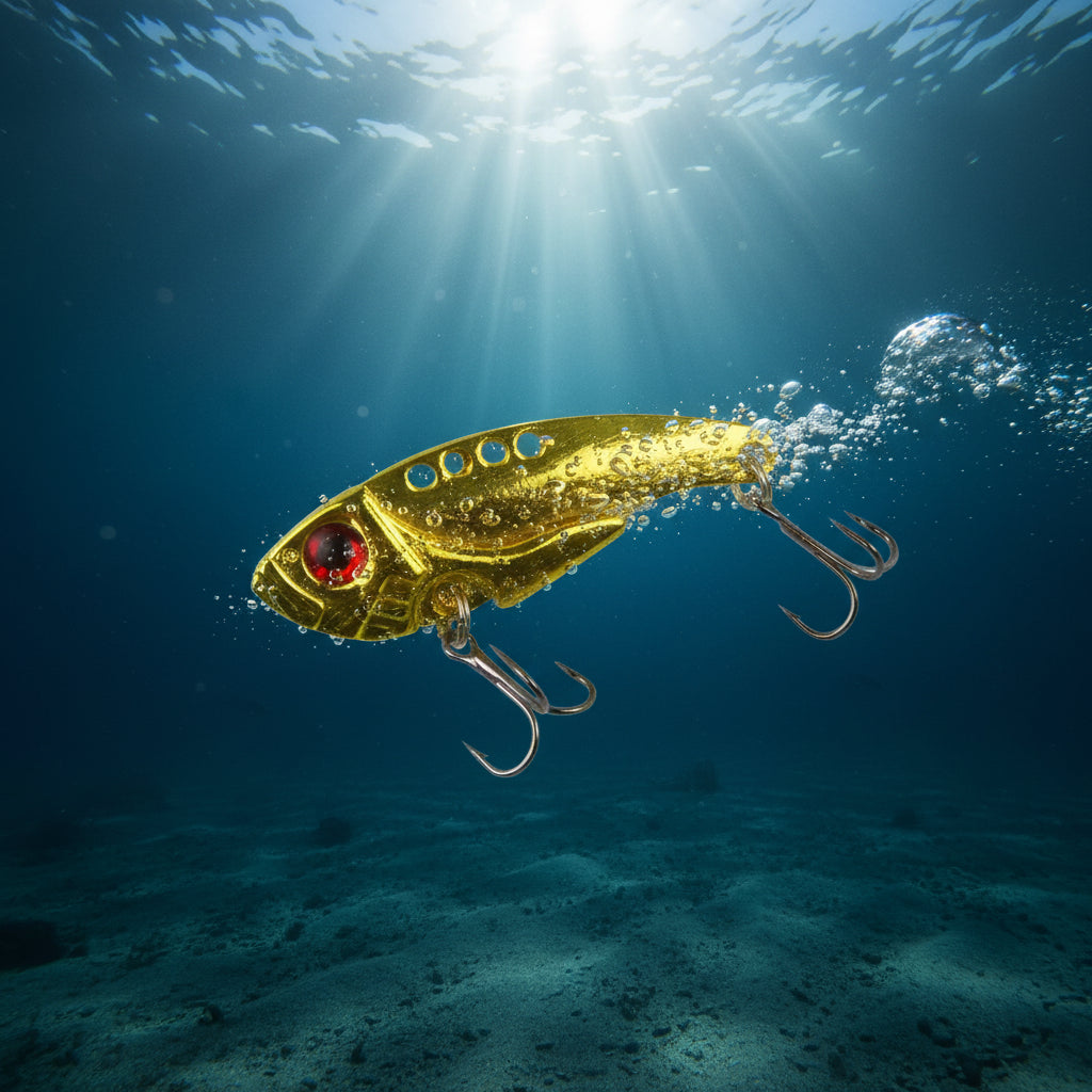 Two gold metal blade lures with treble hooks and red eye