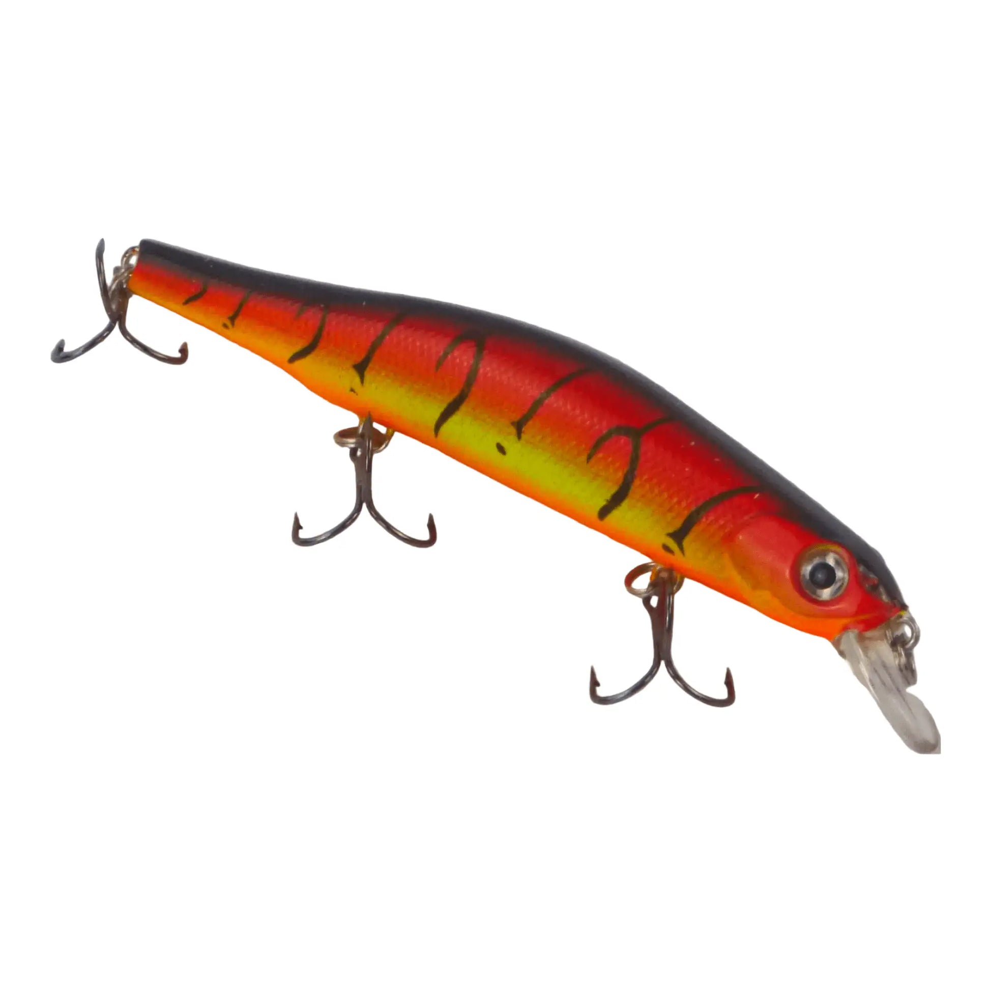 Shallow diving crankbait lure with red, orange, and yellow pattern, two treble hooks