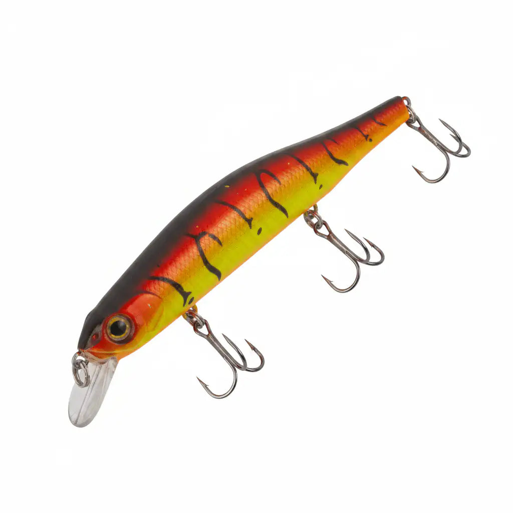 Shallow diving crankbait lure, burnt gold with red/yellow stripes, two treble hooks