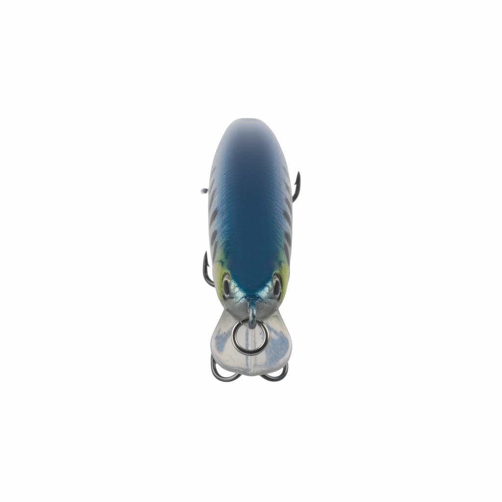 Blue minnow diving lure front view with metal lip and two treble hooks