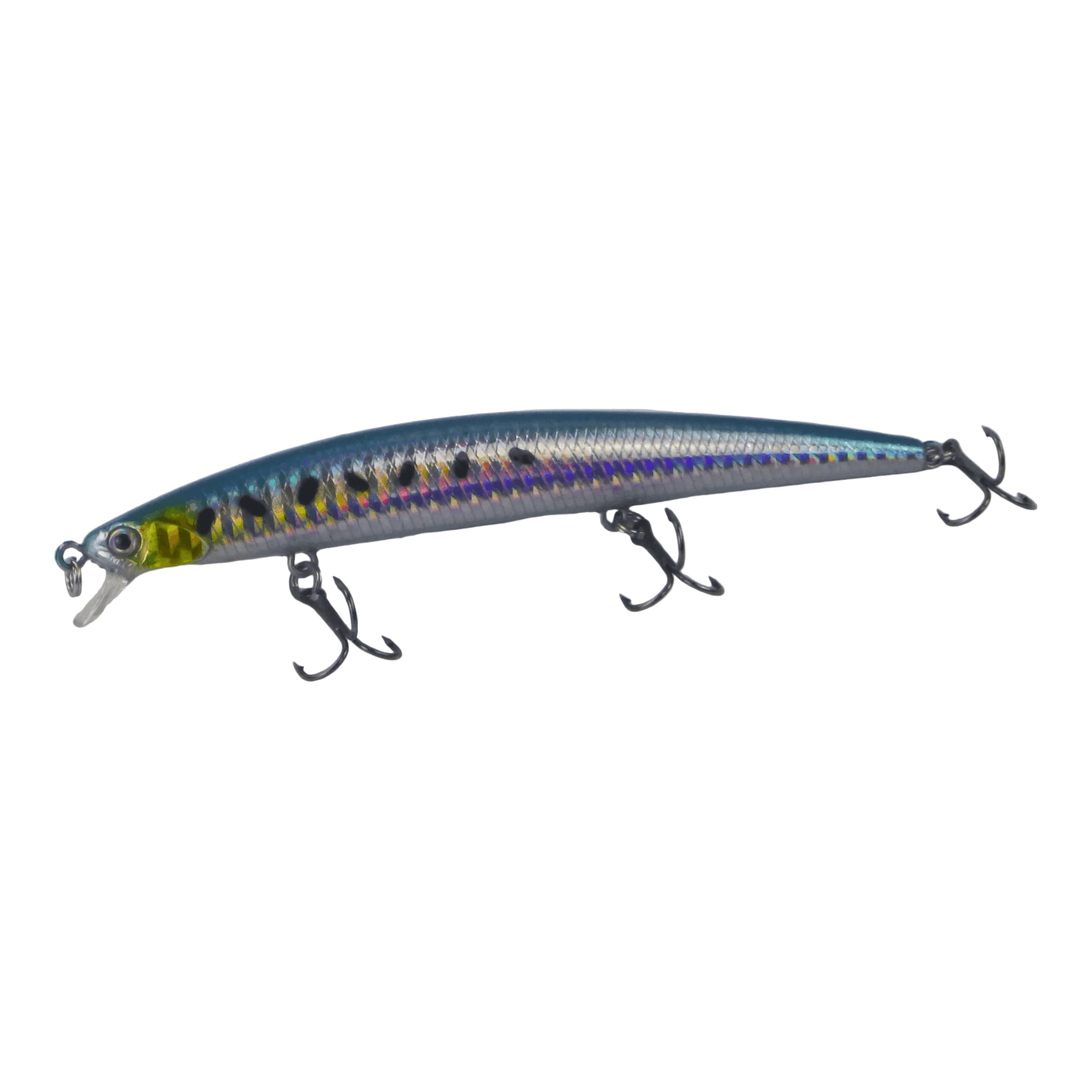 Blue minnow diving fishing lure with treble hooks, 3D eyes and split tail