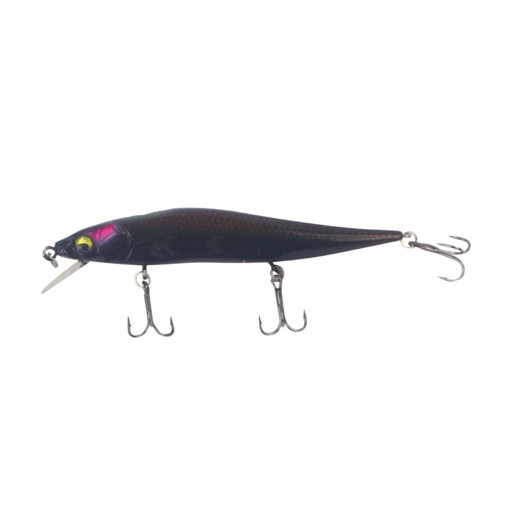 Dark minnow diving lure with pink stripe, yellow eyes, and two treble hooks