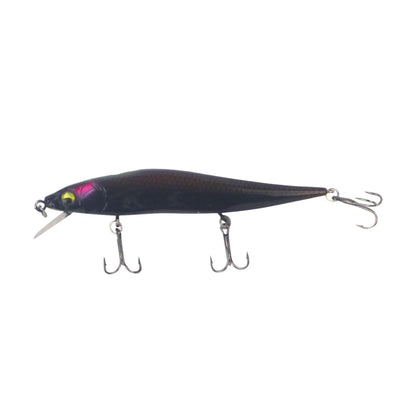 Dark minnow diving lure with pink stripe, yellow eyes, and two treble hooks
