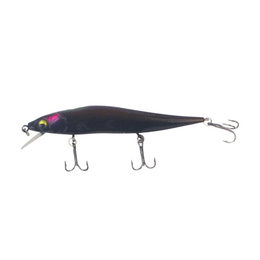 Dark minnow diving lure with pink stripe, yellow eyes, and two treble hooks