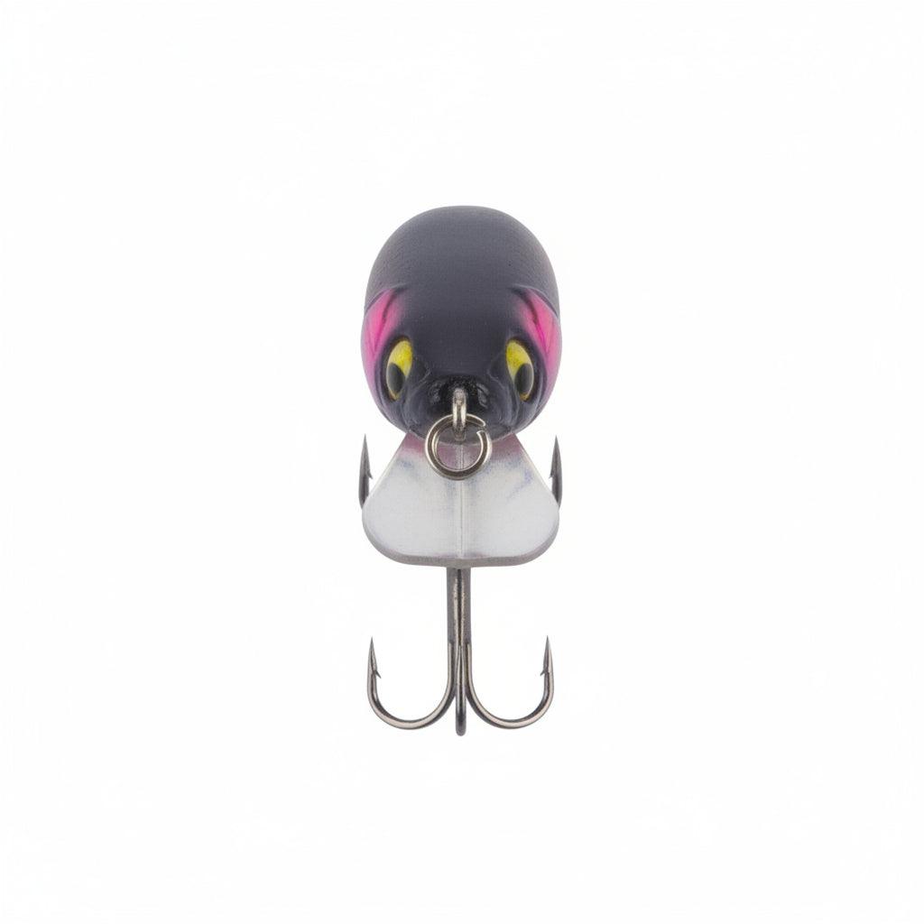 Front view of dark bibbed diving minnow lure with pink eye details and 2 silver treble hooks