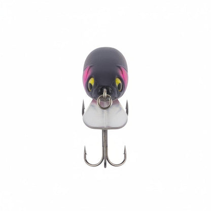 Front view of dark bibbed diving minnow lure with pink eye details and 2 silver treble hooks