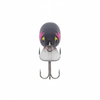 Dark front-facing minnow lure with metal diving lip, yellow eyes, and treble hooks