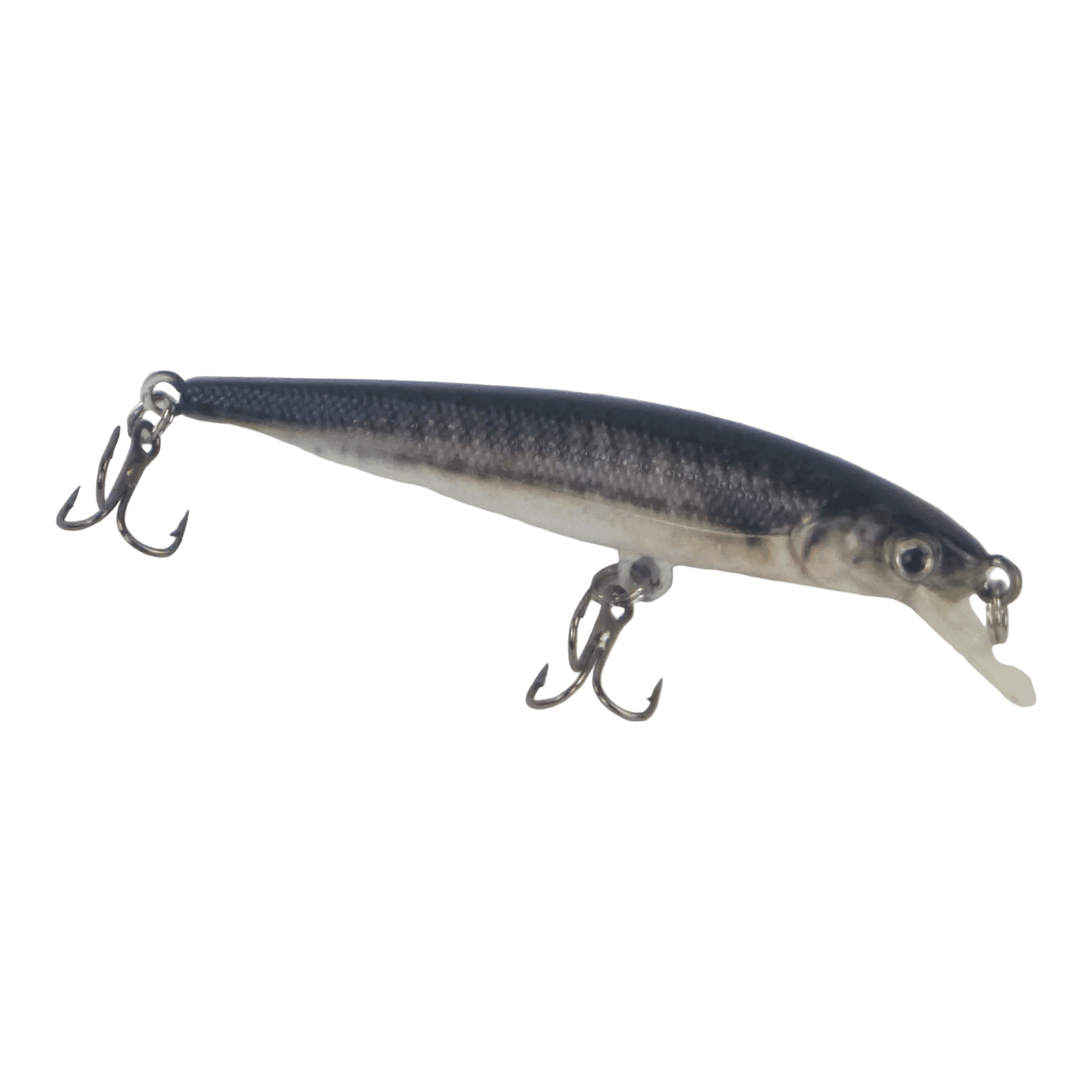 Diving fishing lure with dark blue back, silver belly, and two treble hooks