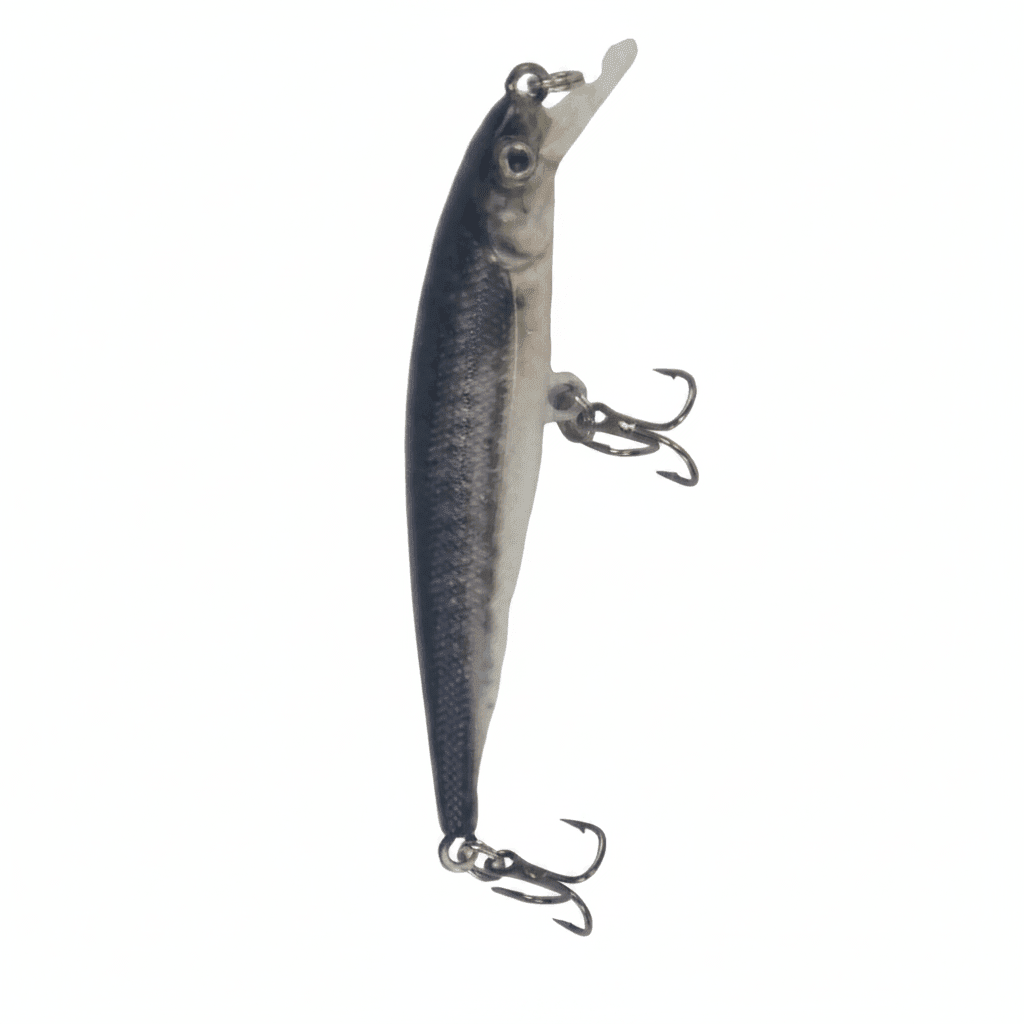 Diving fishing lure with dark blue back, silver belly, and two treble hooks