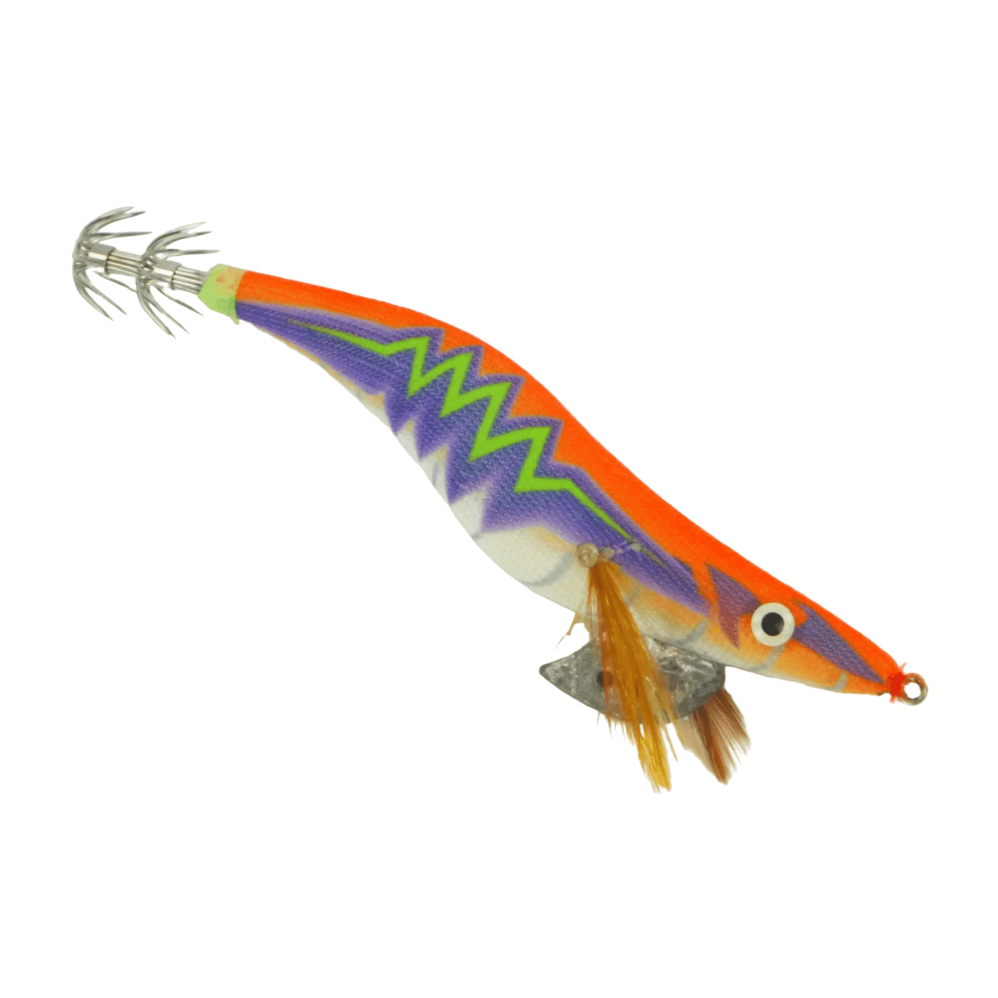 Orange and purple squid jig lure with zigzag stripe, eye, gold skirt and multiple hooks