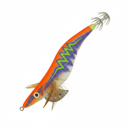 Orange squid jig with purple zigzag pattern, gold skirt, single hook head, round eye