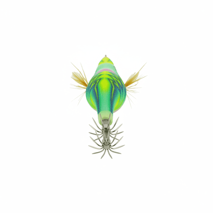 Squid jig lure top view with tentacles, neon green and pink fins, double hook