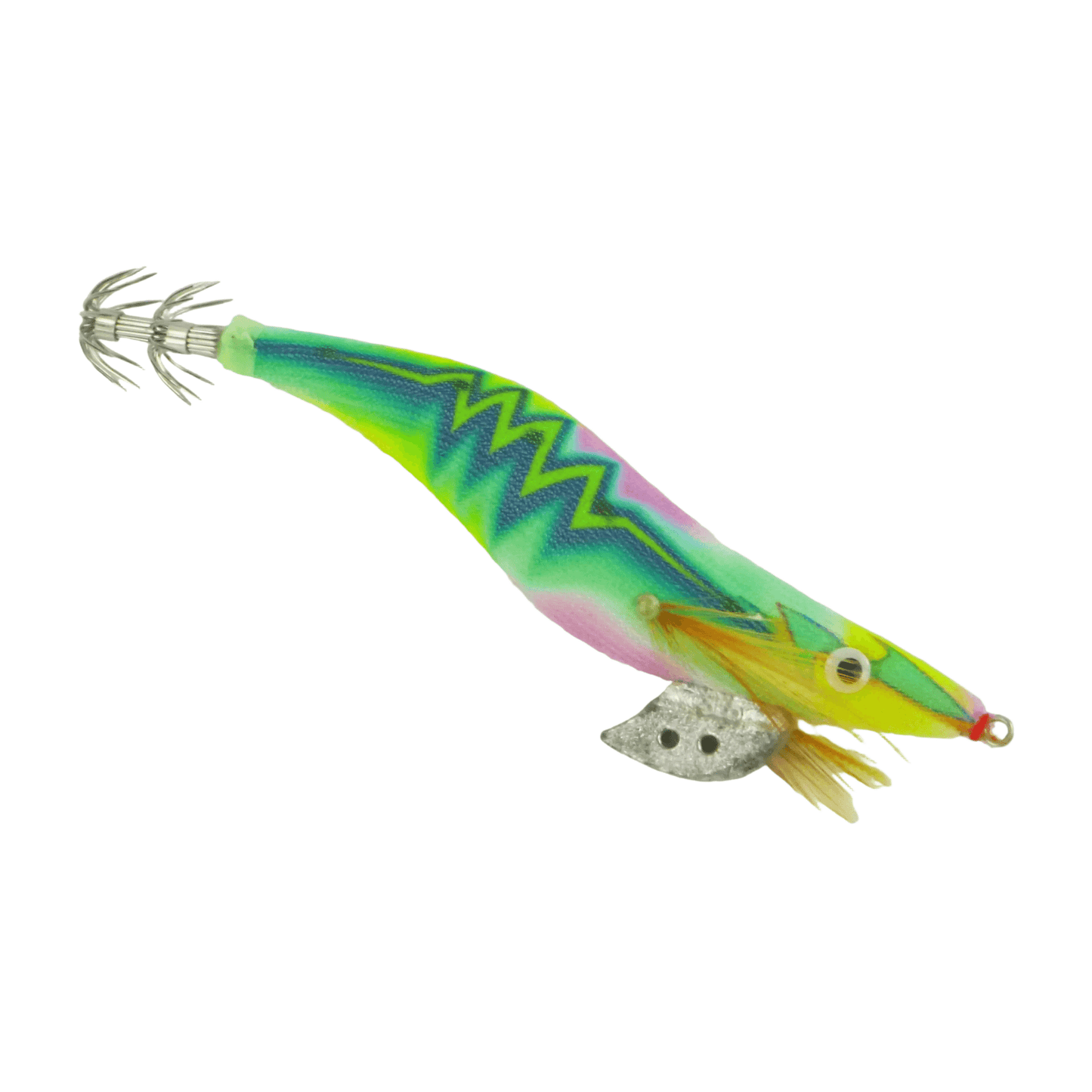 Squid jig lure with tentacles, lime green and purple body, front hook and eyelet