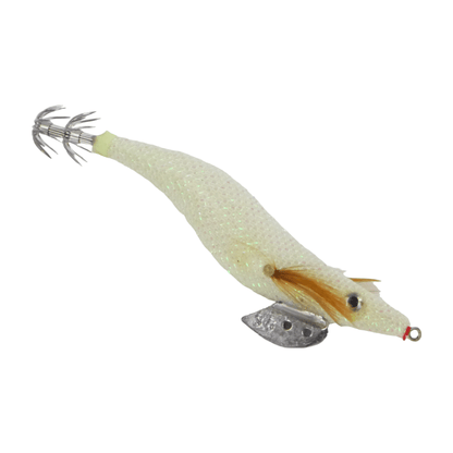 Squid jig lure, glittery white body with brown eyes, metal head and squid tentacle skirt