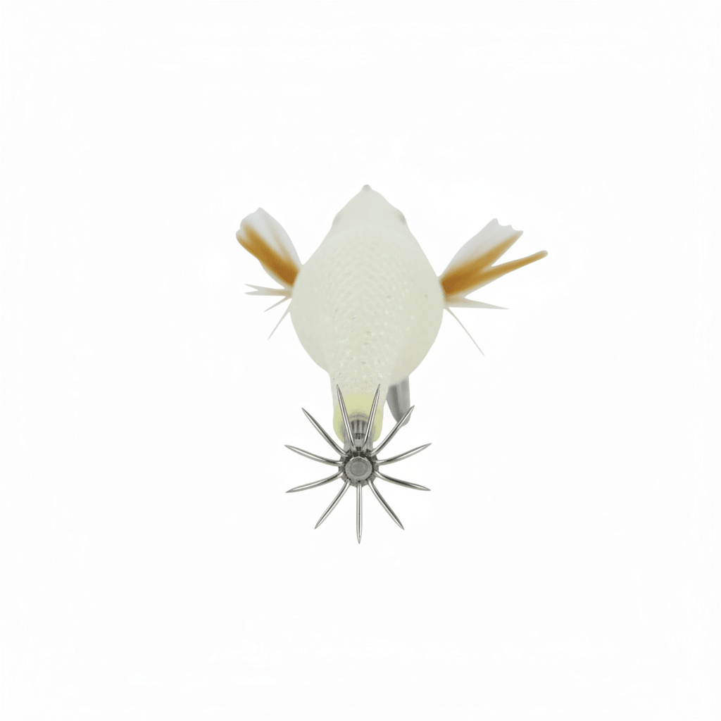 Squid jig lure with pearly white head, flared tentacles, and starfish-style metal hook frame