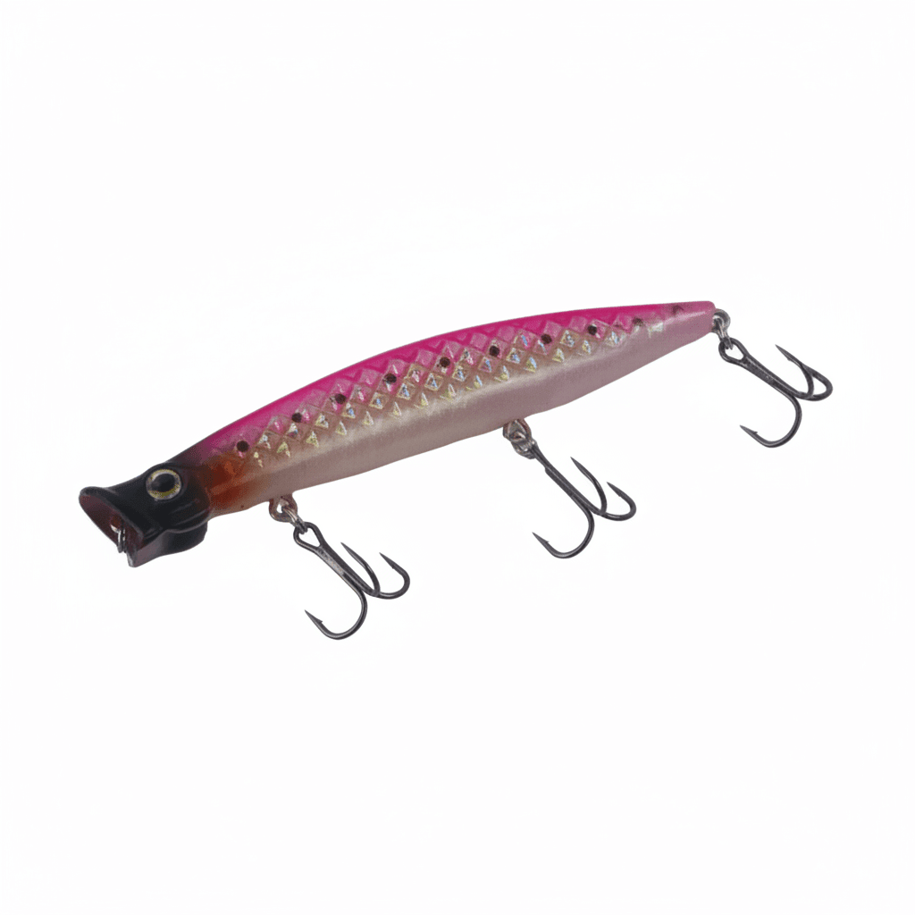 Pink-to-silver fishing lure with holographic scales and three black treble hooks