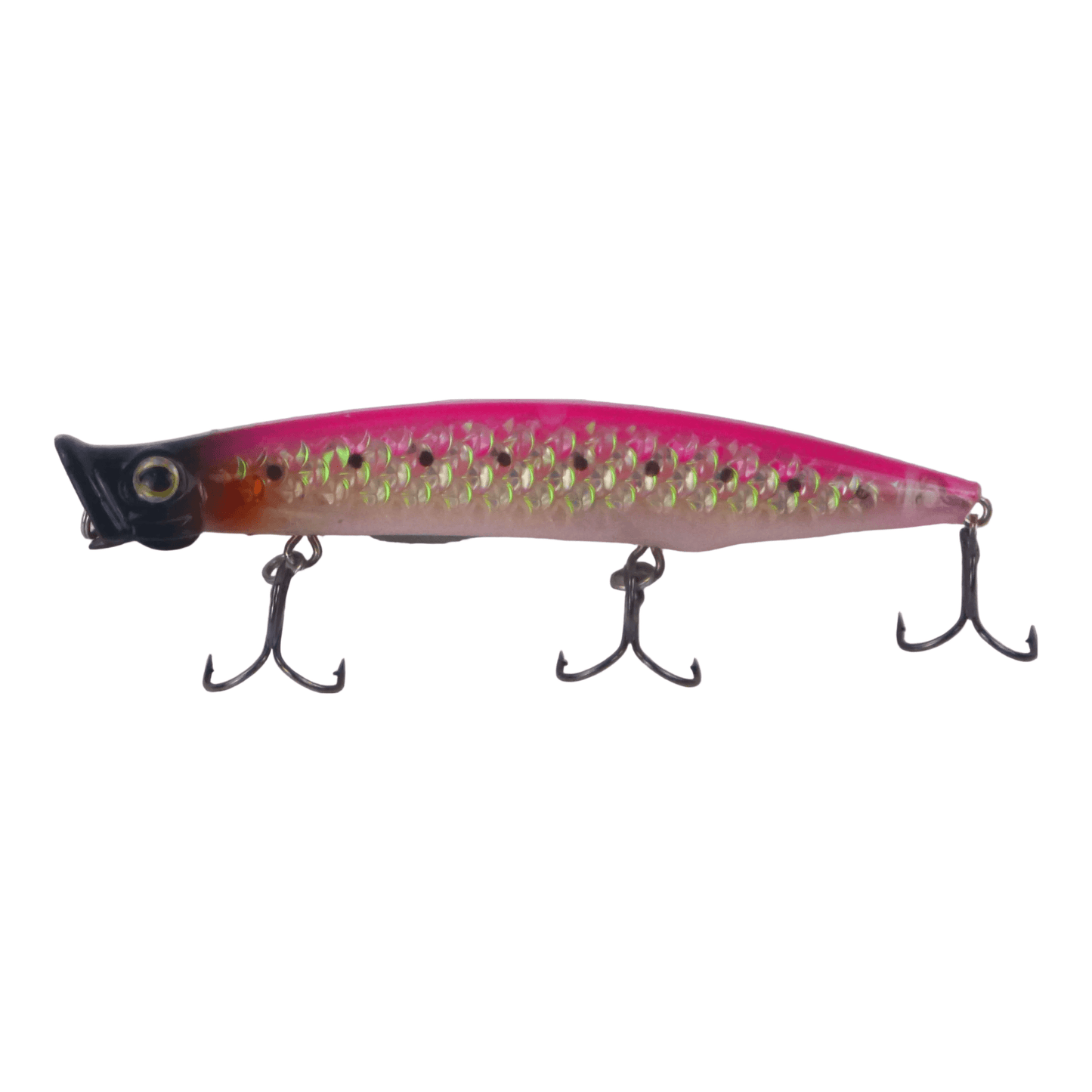 Hot pink fishing lure with holographic pattern and three black treble hooks
