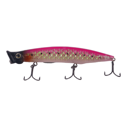 Hot pink fishing lure with holographic pattern and three black treble hooks