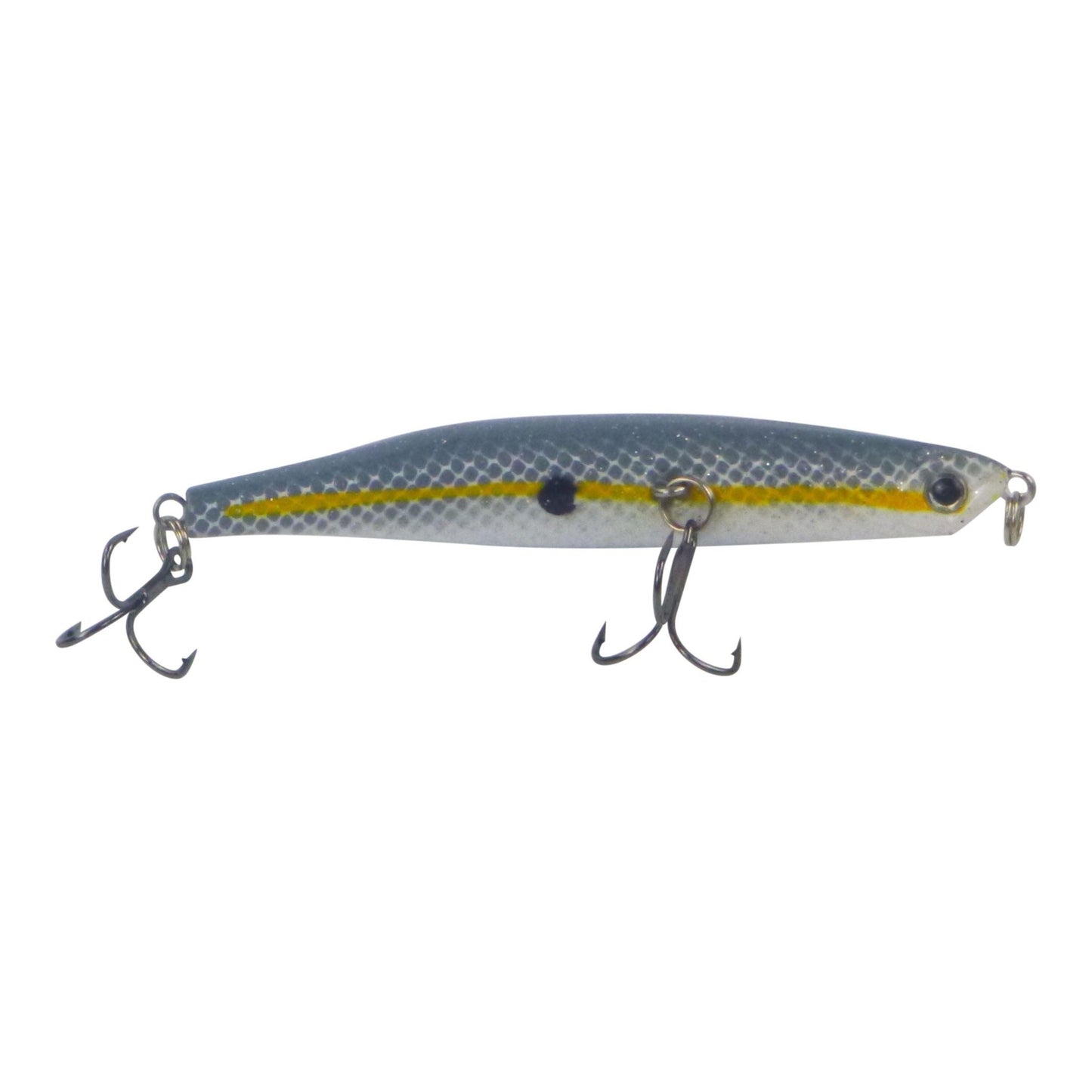 Fishing lure in blue-gray with yellow stripe and two treble hooks