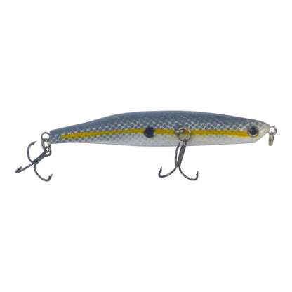Fishing lure in blue-gray with yellow stripe and two treble hooks