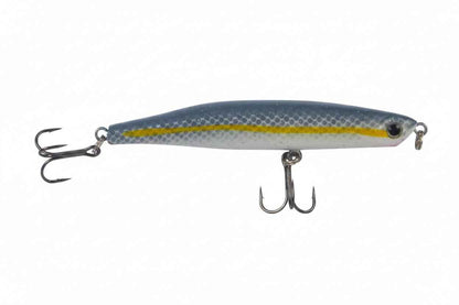 Blue-gray minnow fishing lure with two treble hooks, metal lip and side eyelet
