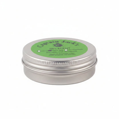 Gel scent tin with silver lid and green label