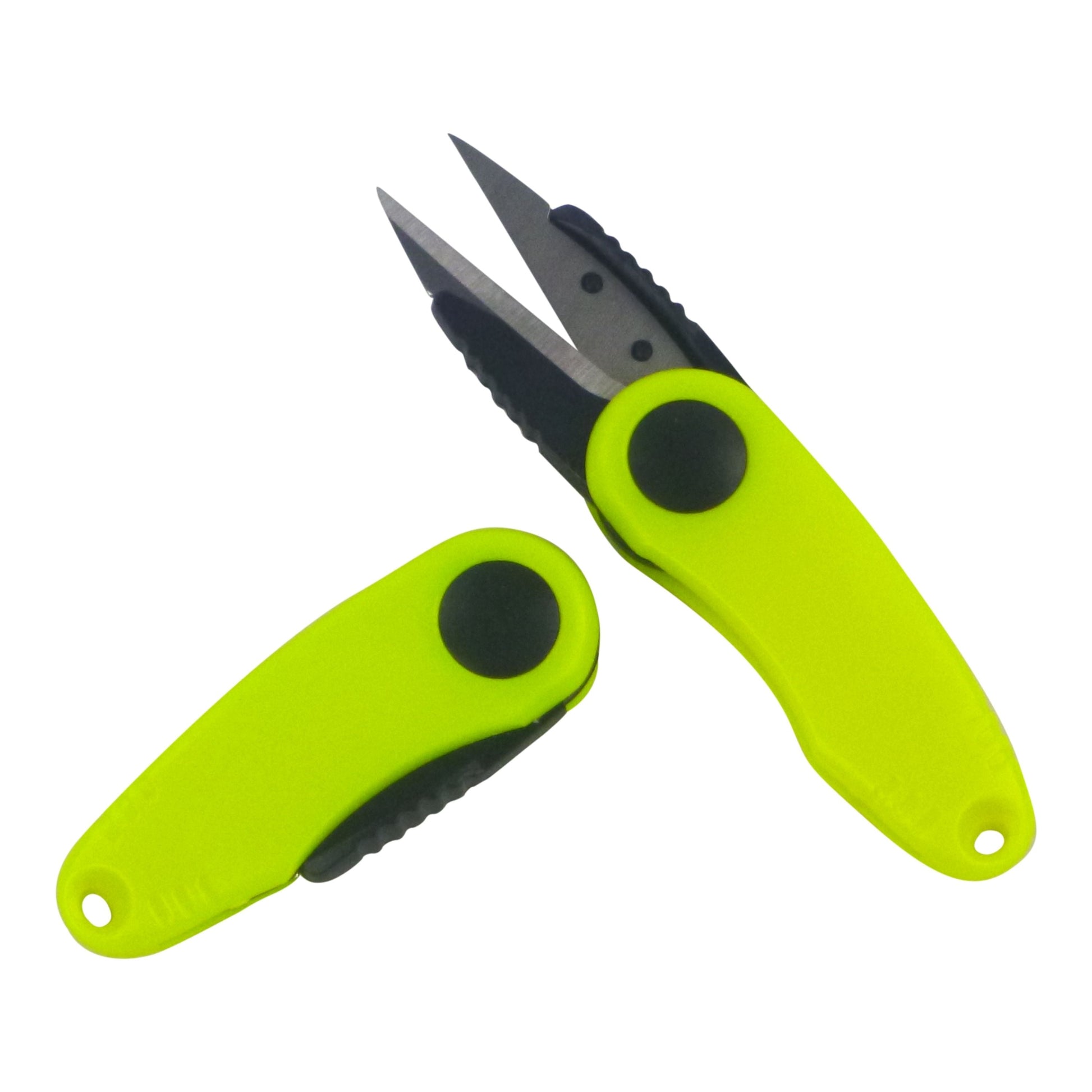 Neon green compact line snips with black blades and finger holes, pointed tips