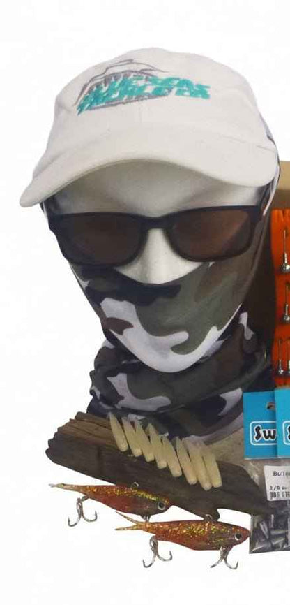 Fishing gift tackle set with camo mask, cap, sunglasses, and multiple crankbaits