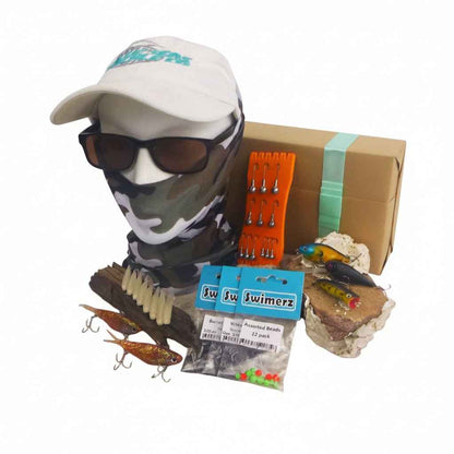 Fishing gift tackle set with camo face covering, cap, sunglasses, and assorted lures