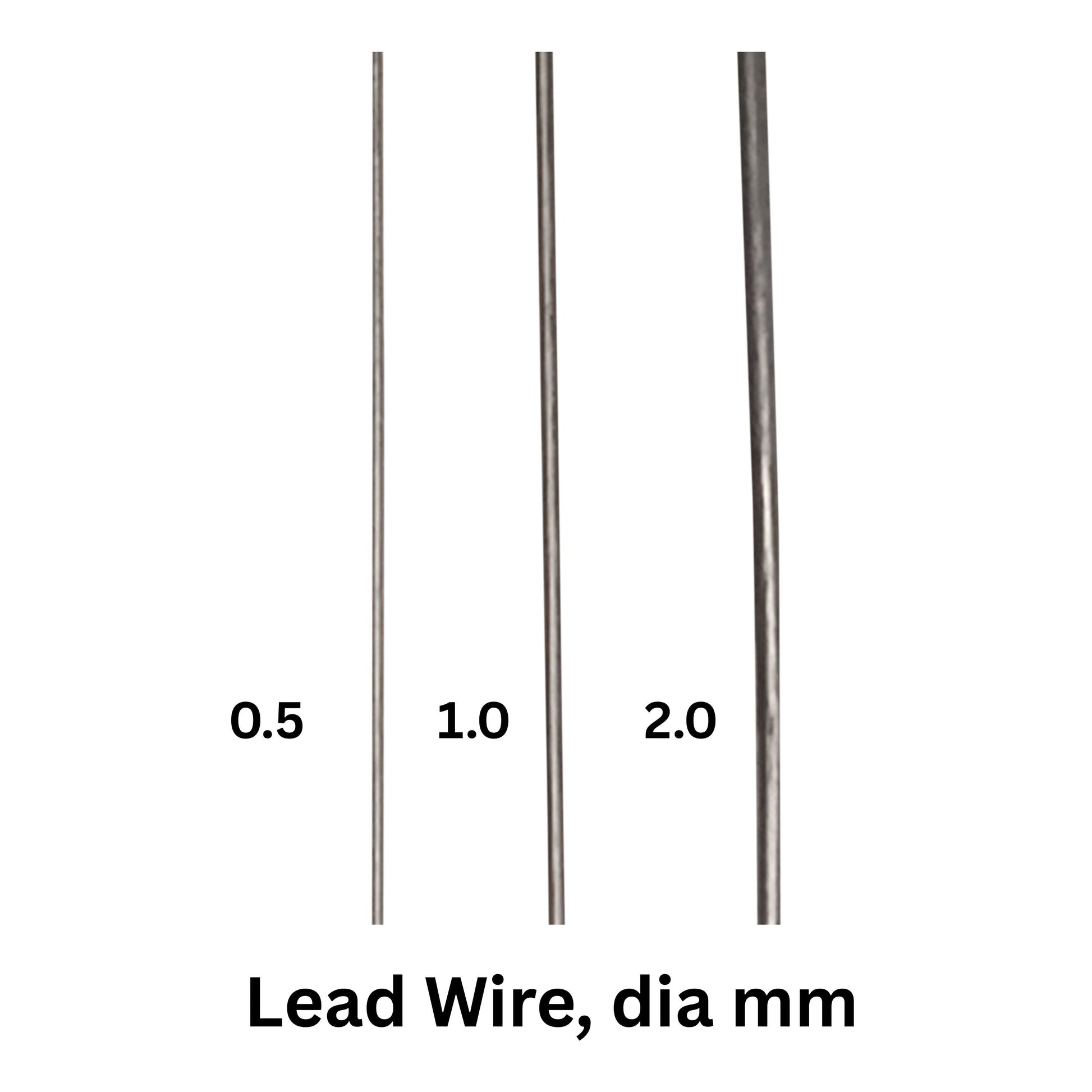 Lead wire diameter chart: three lengths marked 0.5, 1.0, 2.0 mm