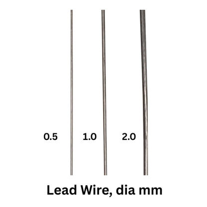Lead wire diameter chart: three lengths marked 0.5, 1.0, 2.0 mm