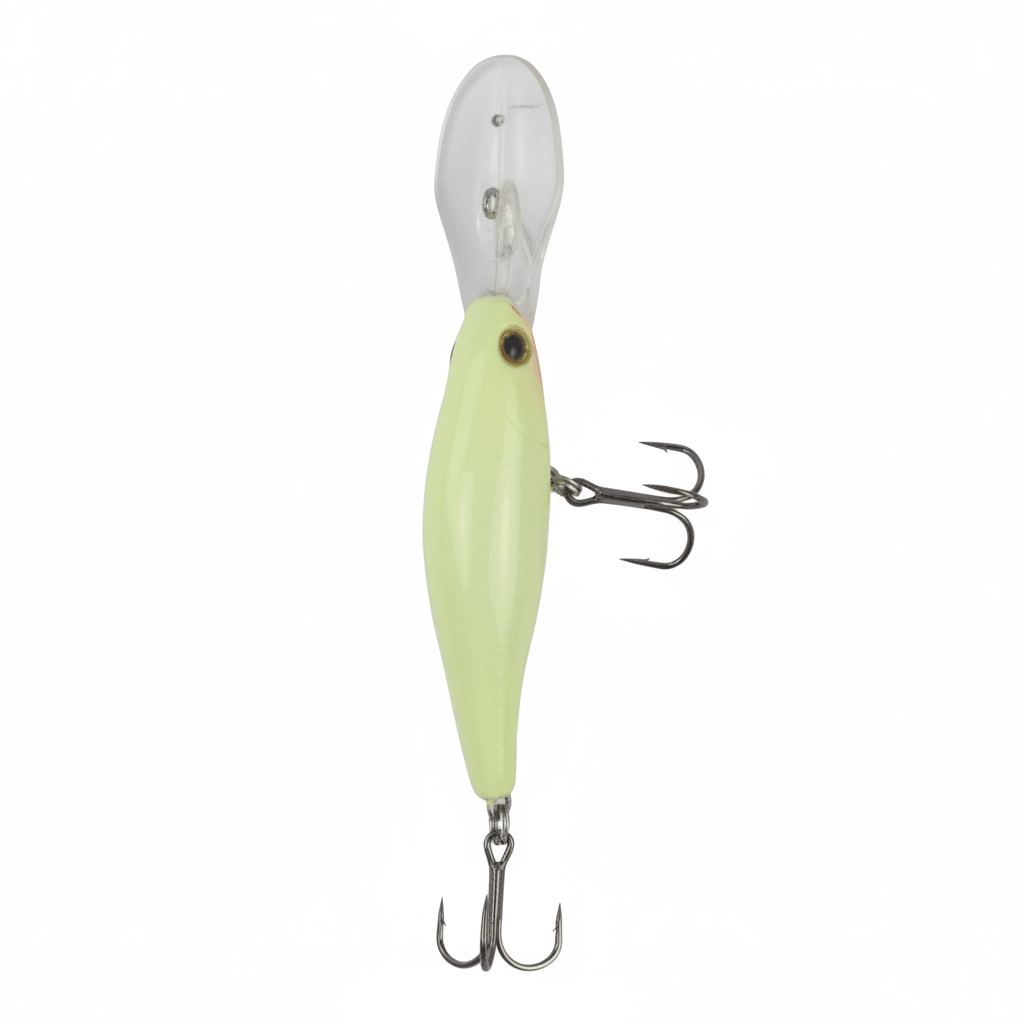Fishing crankbait lure in pale yellow-green with clear lip and treble hooks