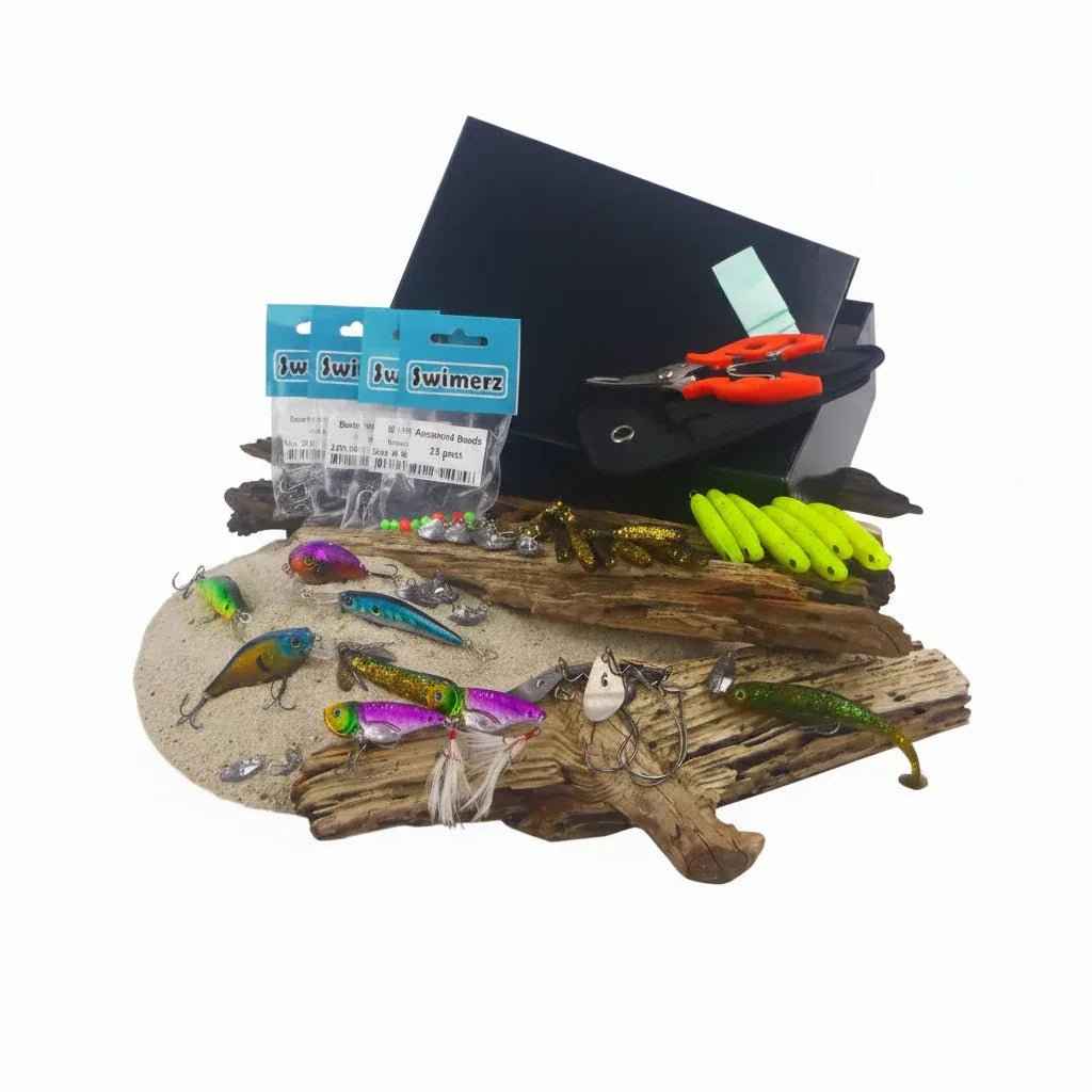 Fishing lure tackle set with green worms, jig heads, and colorful crank baits