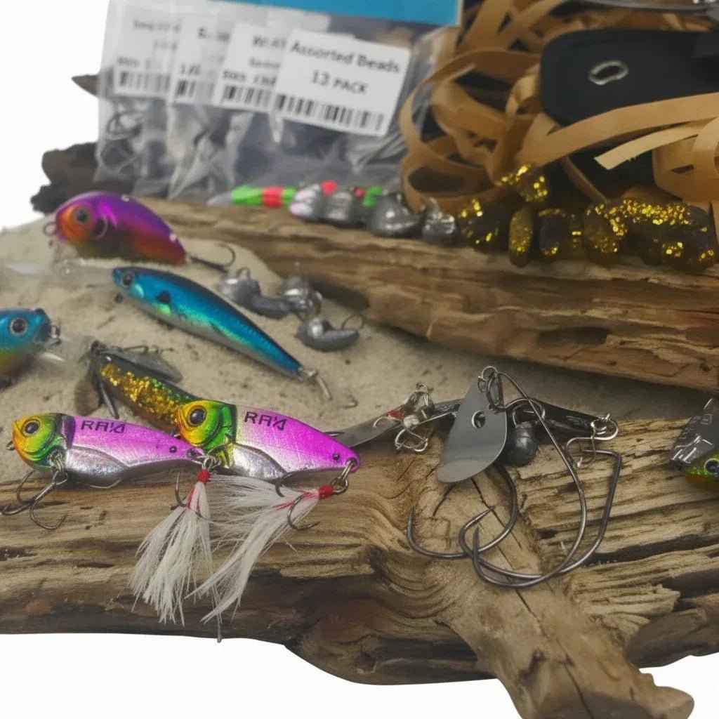 Lure tackle set close-up with multicolor crank baits and metal jig heads