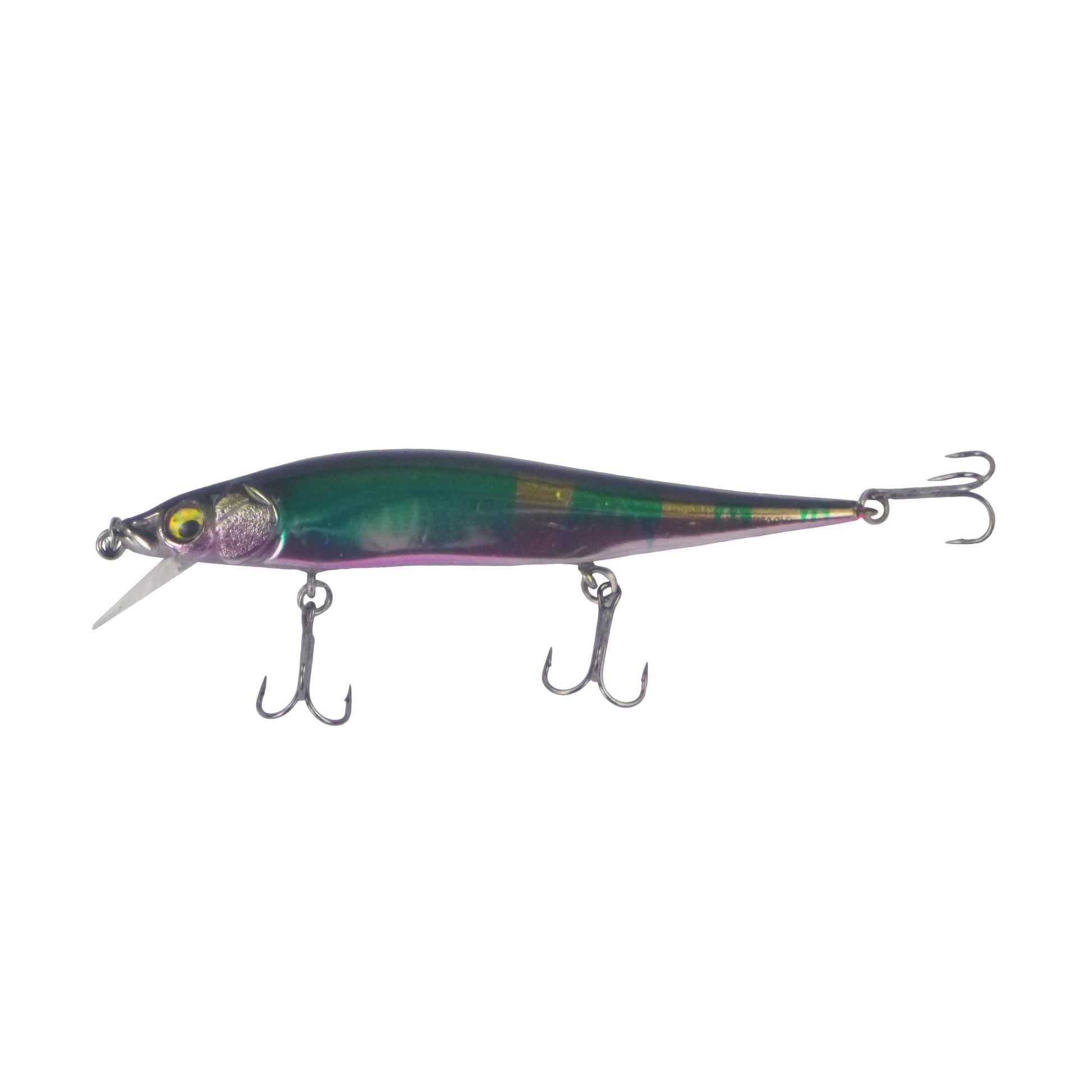 Floating minnow diving lure in purple-green camo with 3 treble hooks
