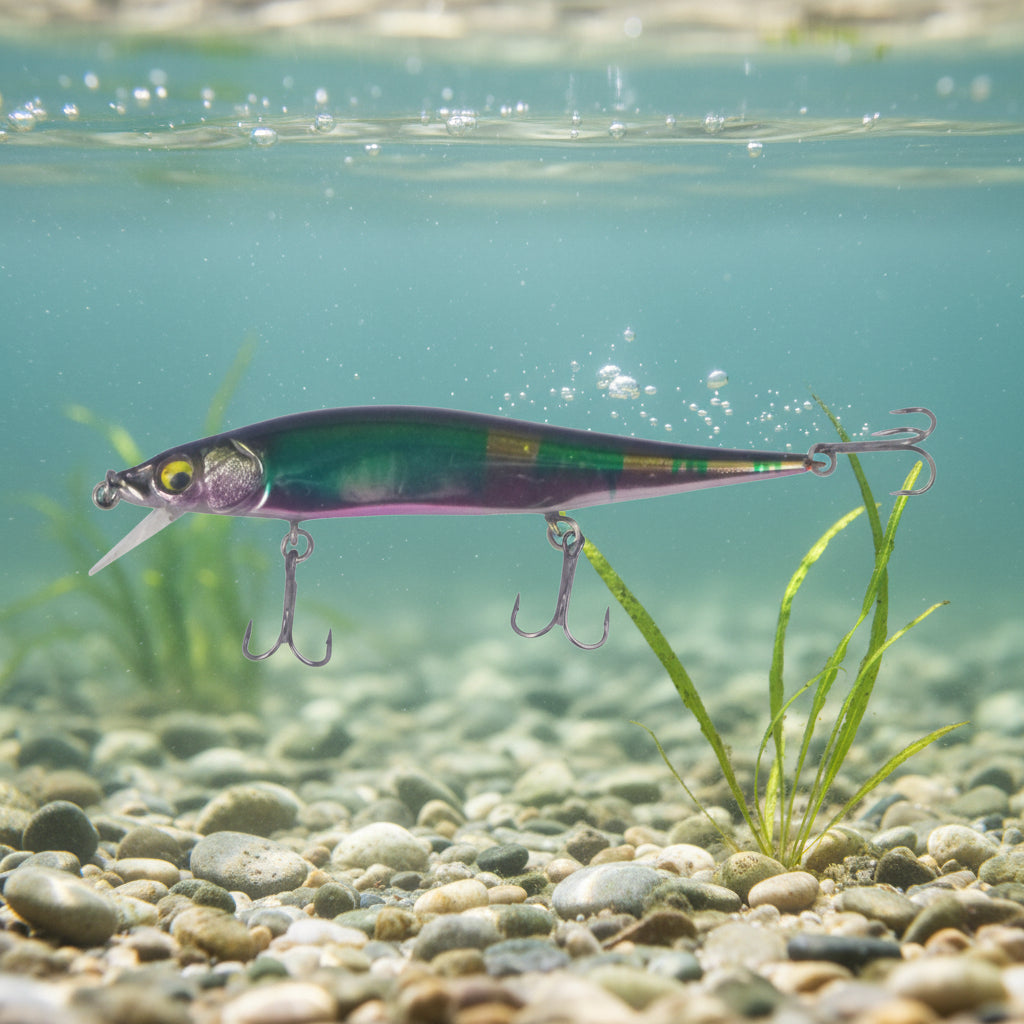 Floating minnow lure in purple-green camo with treble hooks, underwater beside weeds